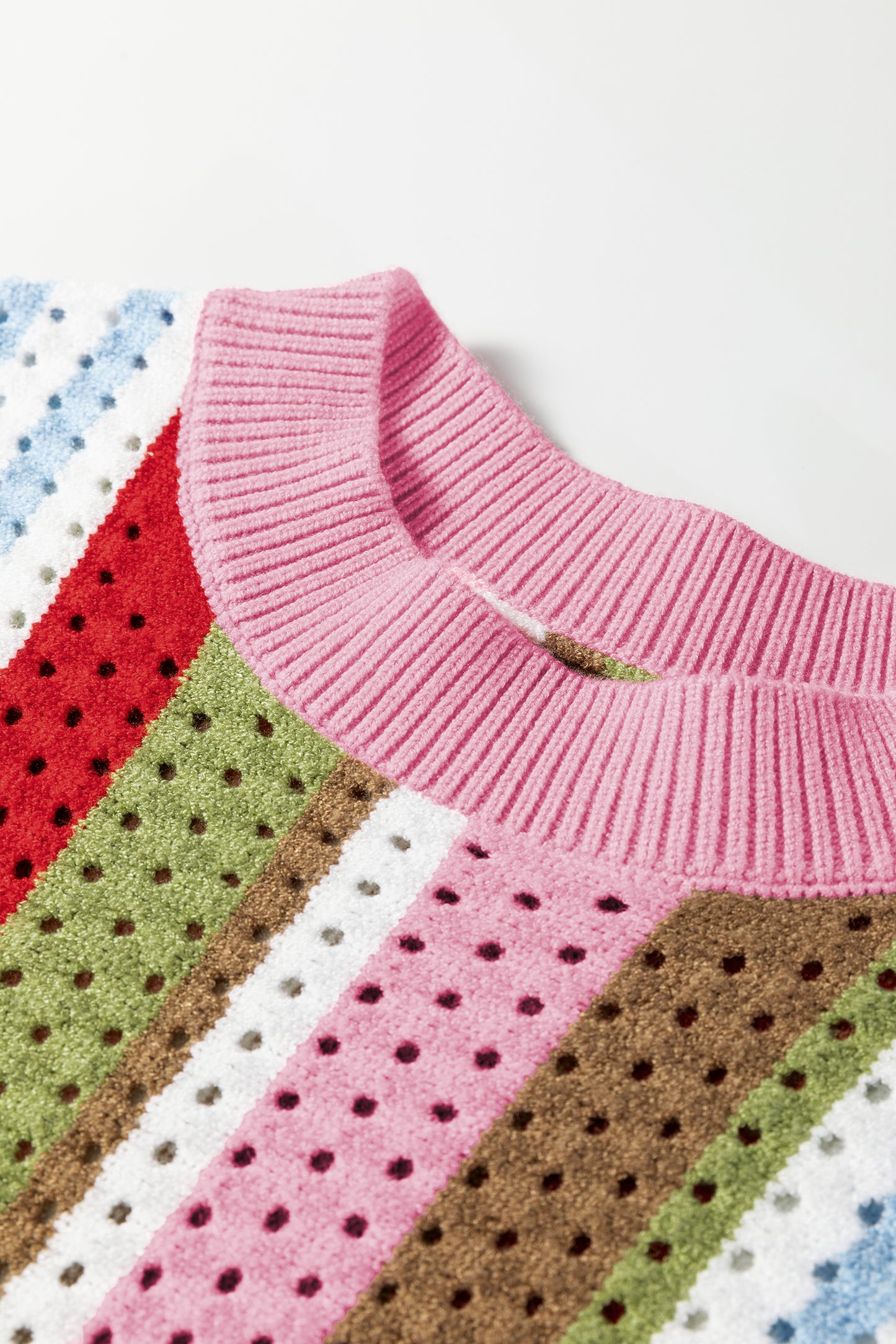 Multicolor Striped Pointelle Knit Short Sleeve Sweater