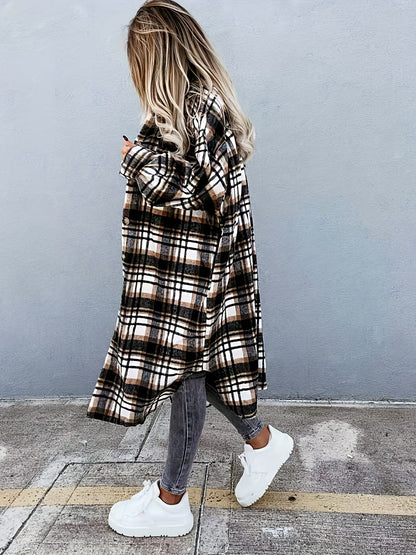 Stylish Plaid Print Womens Long Jacket - Relaxed Casual Button Front with Flap PocketsSl