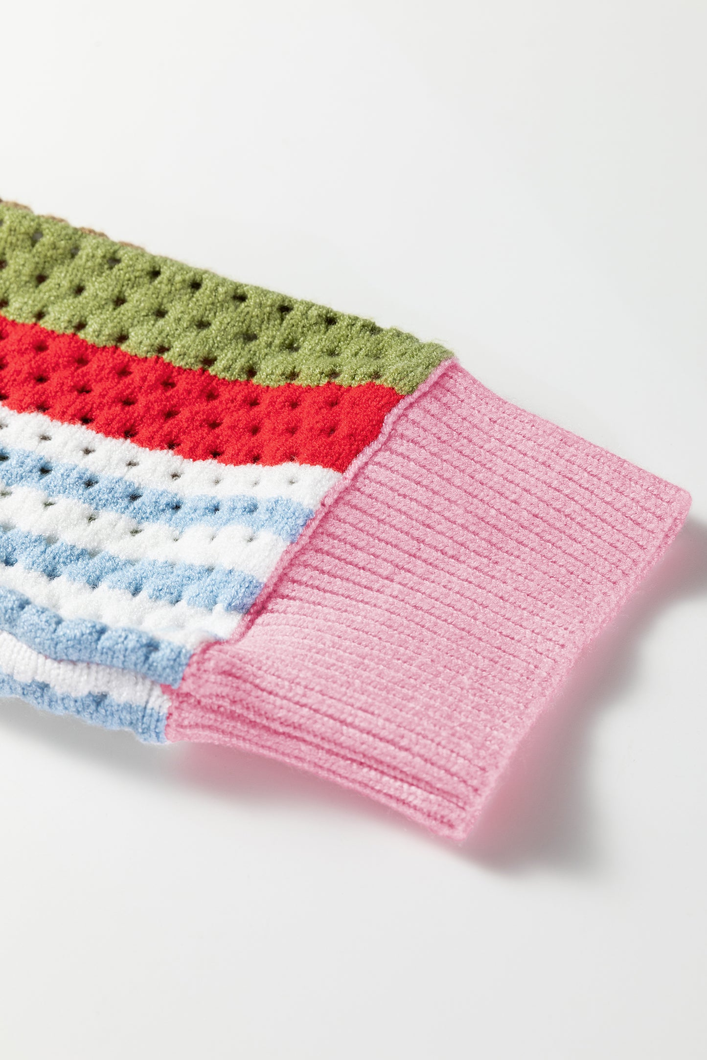 Multicolor Striped Pointelle Knit Short Sleeve Sweater