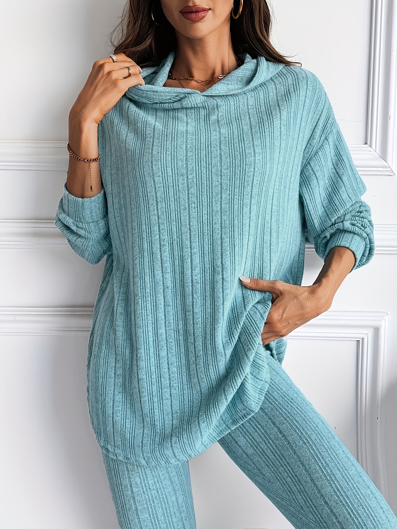 Elegant And Fashionable Lake Blue Women's Hooded Top And Long Pants Set