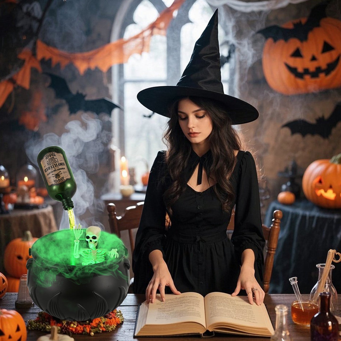 Half-Skeleton Cauldron with Magic Floating Potion & Fog Maker