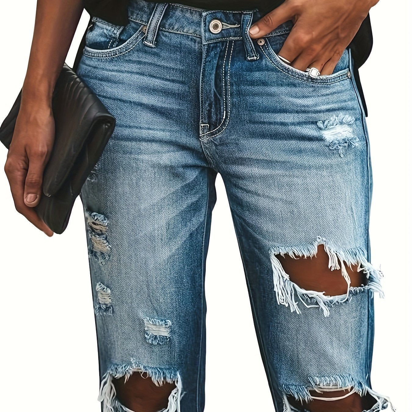 Fashion Retro Ripped Stretch Street Cuffed Jeans