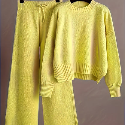 2pcs Women's Soft Casual Elegant Round Neck Sweater & Wide-Leg Pants Set