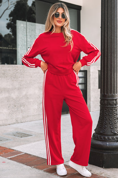 2pcs Fiery Red Varsity Striped Detail Crewneck Pullover Elastic Sweatpants