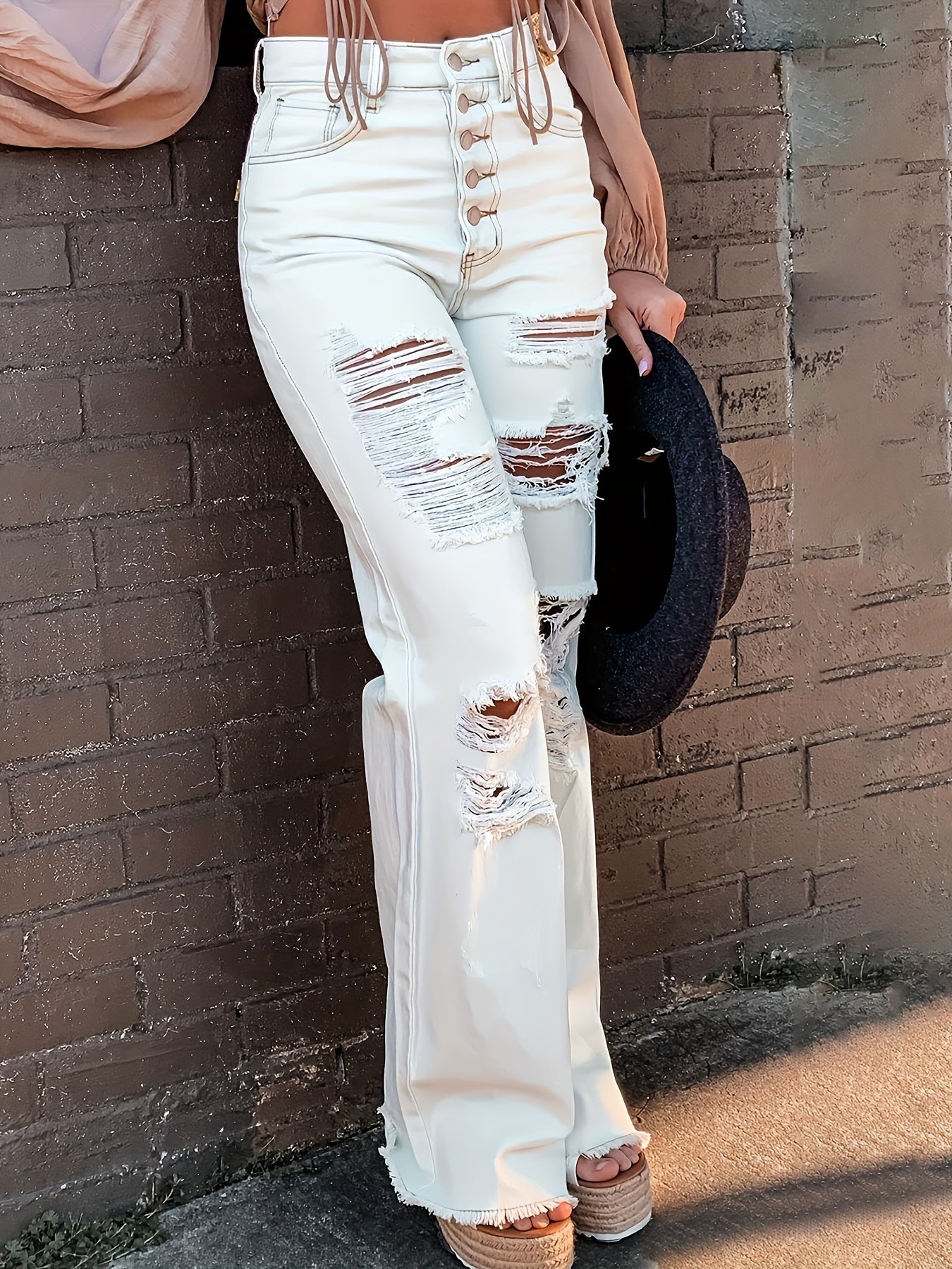 Women's Sexy Ripped Flare Jeans with Single Breasted Button Closure