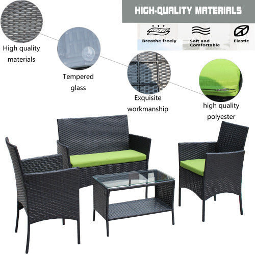 4 PCS Rattan Green Cushion Outdoor Patio Furniture Set