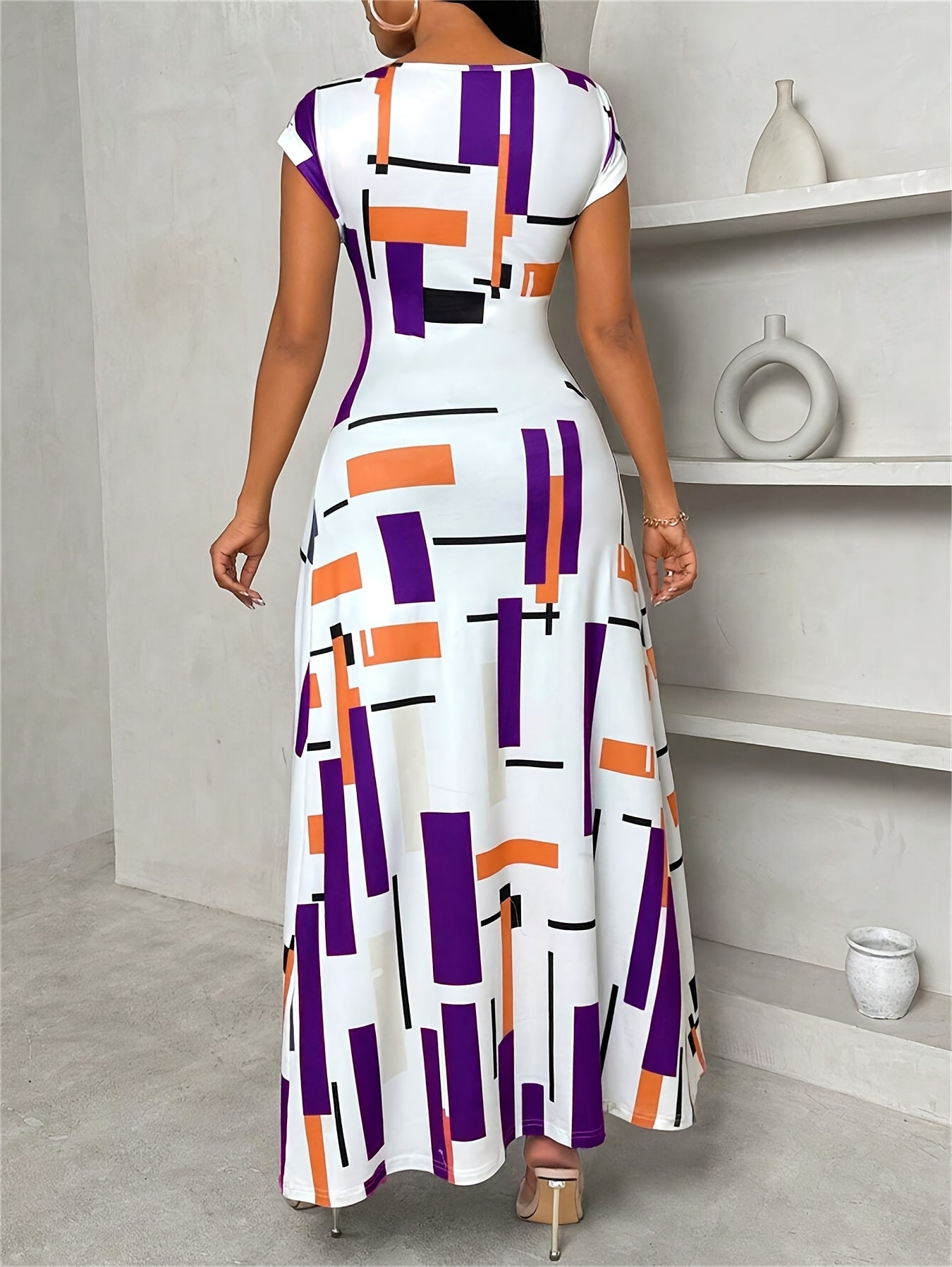 Women's Casual Patchwork Print Maxi Dress with Side Slit
