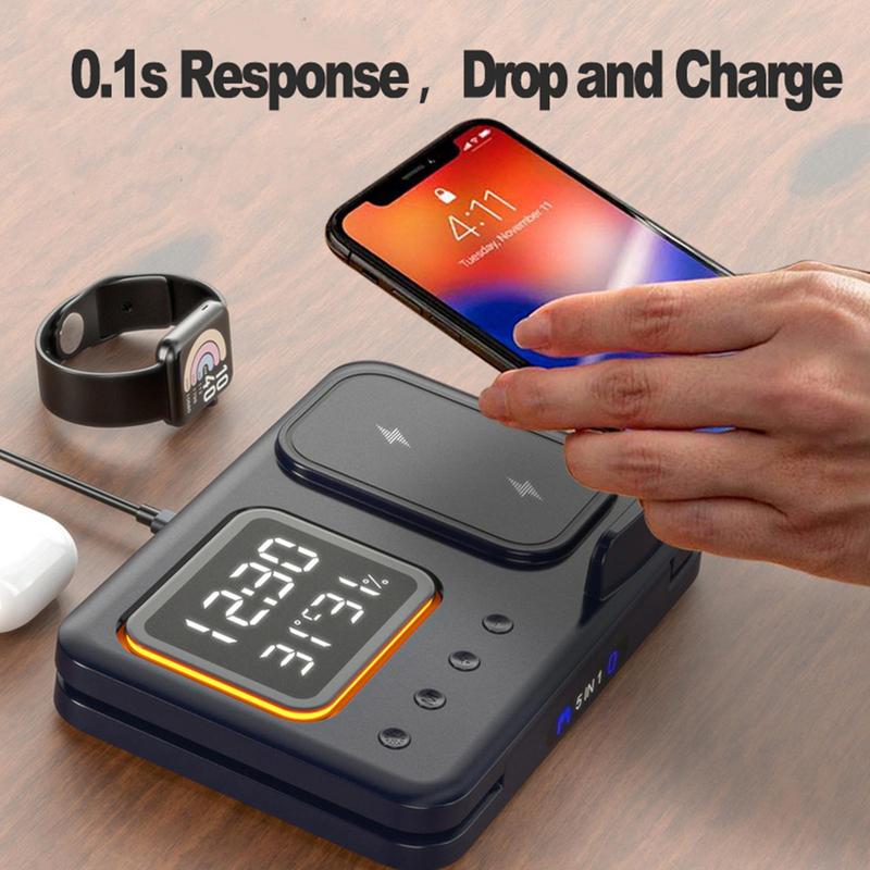 5 in 1 Fast Charging Wireless Charging Stand with LED Digital Alarm Clock