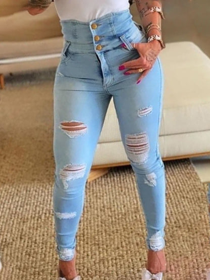 High Waisted Button Slim Fit Ripped Jeans