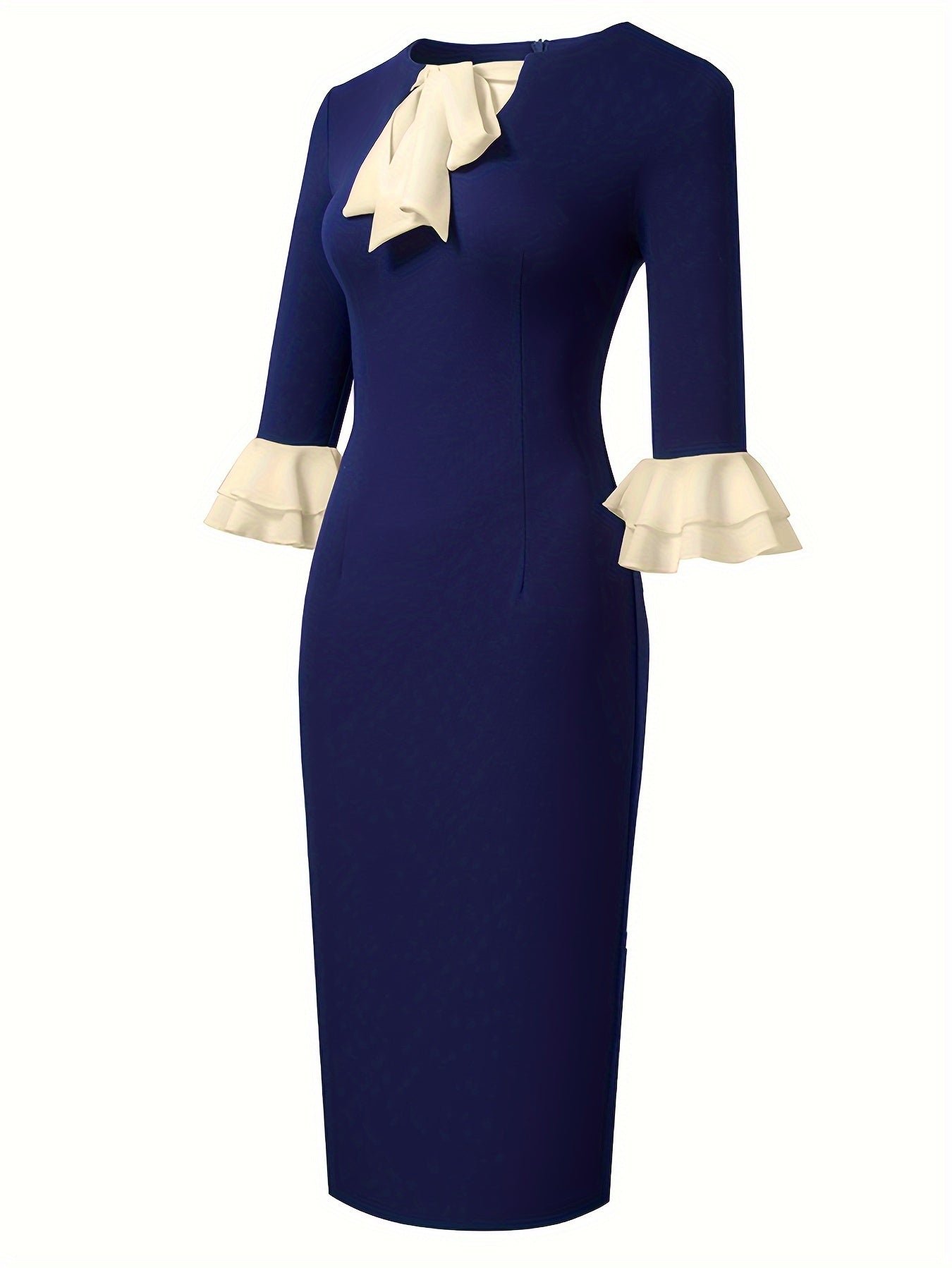 Elegant Contrast Trim Tie Neck Bodycon Dress