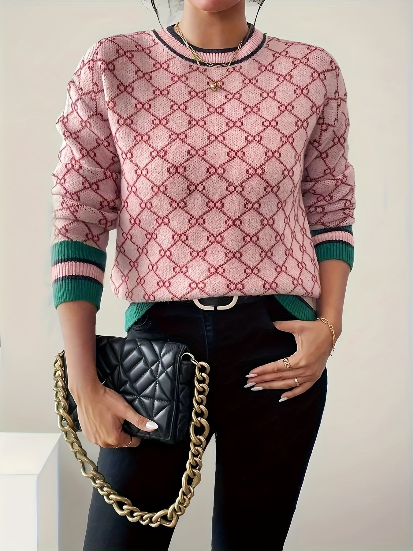 Women's Pink Elegant Geometric Sweater