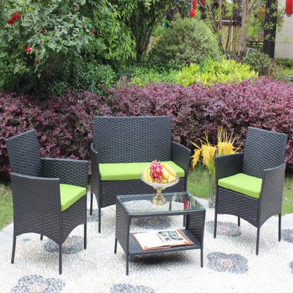 4 PCS Rattan Green Cushion Outdoor Patio Furniture Set