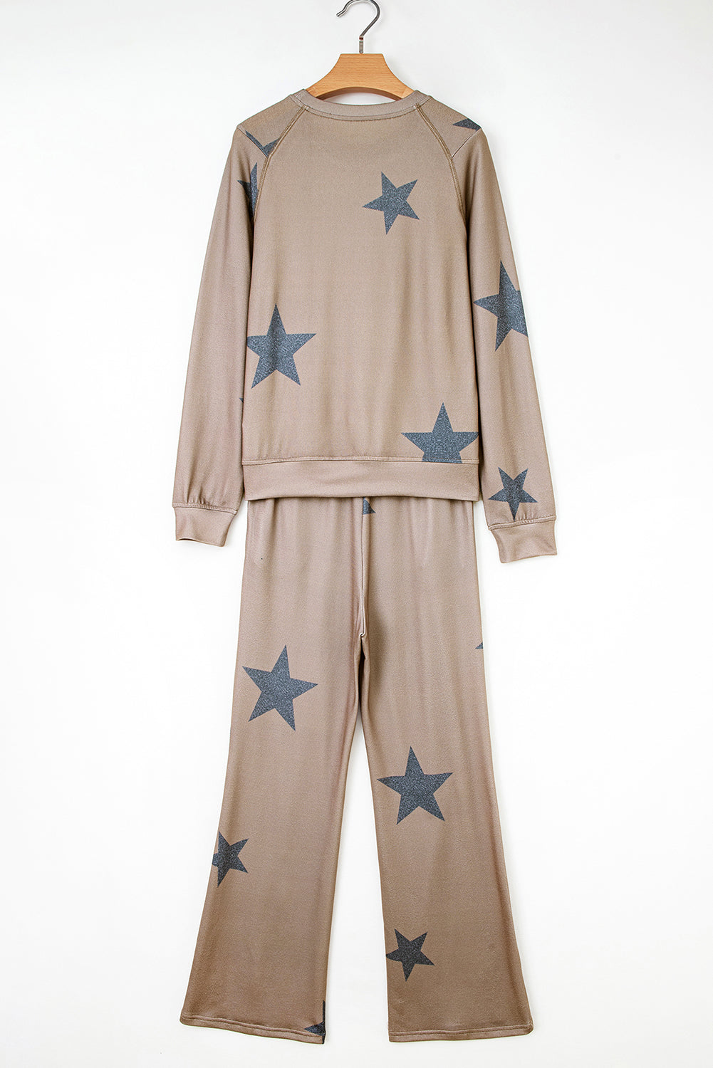 2pcs Khaki Retro Star Print Loose Long Sleeve Drawstring Wide Leg Lounge Set