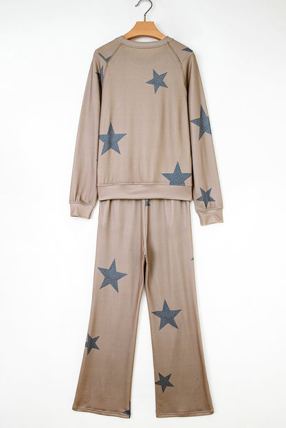 2pcs Khaki Retro Star Print Loose Long Sleeve Drawstring Wide Leg Lounge Set