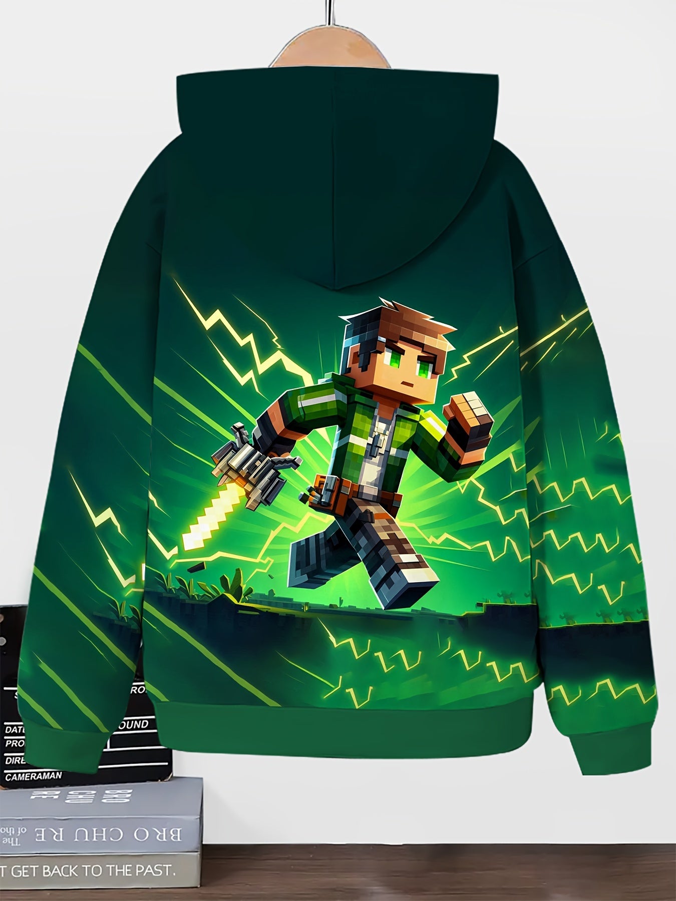 Boys' Casual Hooded Sports Suit with Geometric Block Sandbox Game Character Print - Regular Fit with Pockets