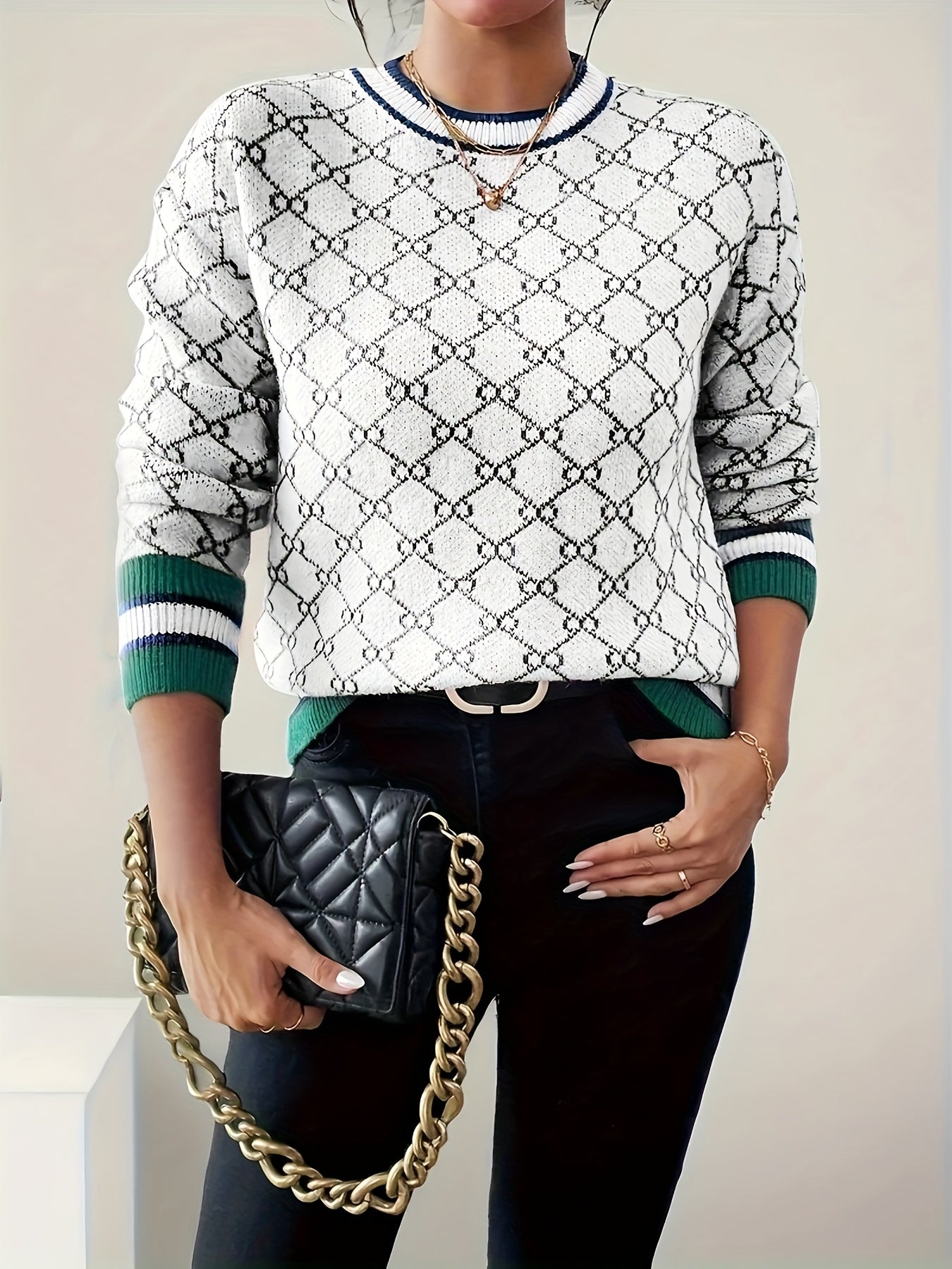 Women's Pink Elegant Geometric Sweater