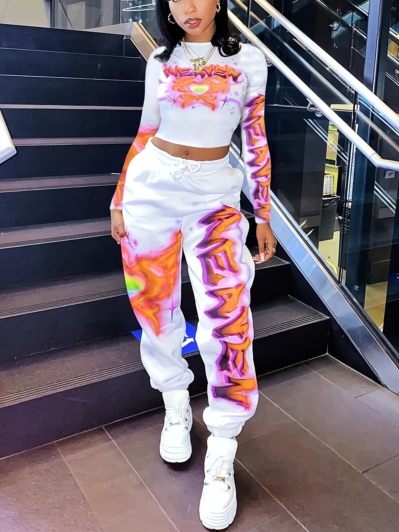 Women's Heart and Letter Print Long Sleeve Top and Waist Pants Set with Pockets