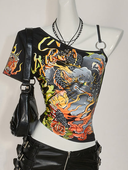 Y2K-Inspired Off-Shoulder Bold Dragon Print, Red & Black Shirt