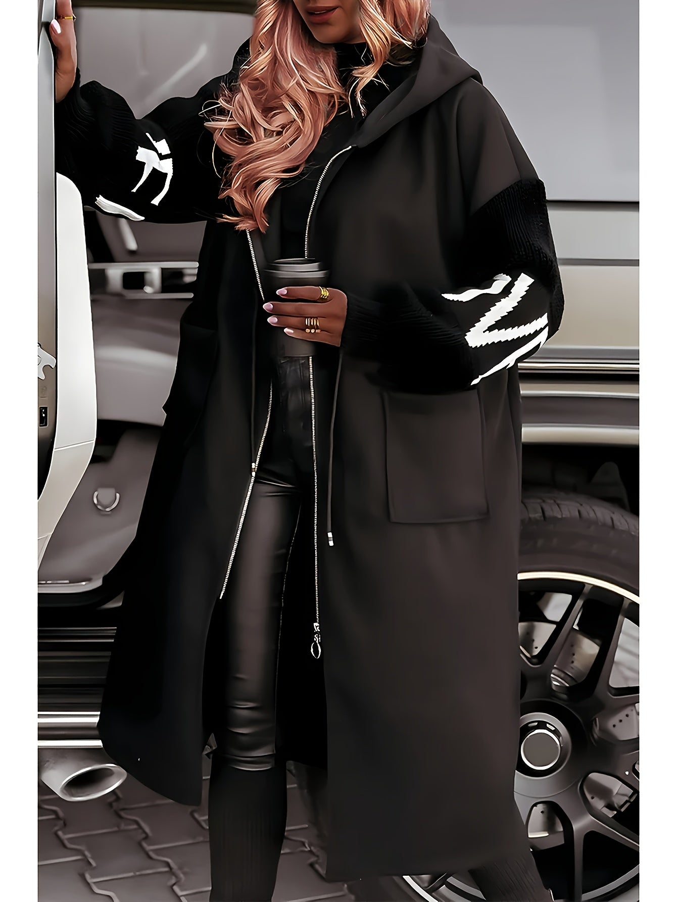 Women's Black & White Casual Hooded Coat