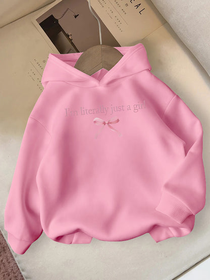 Girls' Autumn/Winter Hooded Sweatshirt  with "I'm Literally Just a Girl" Print & Pink Bow