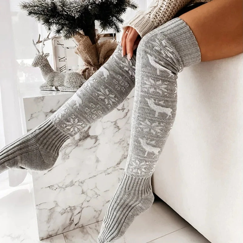 Women's Warm Knitted Elk Snowflake Long Socks