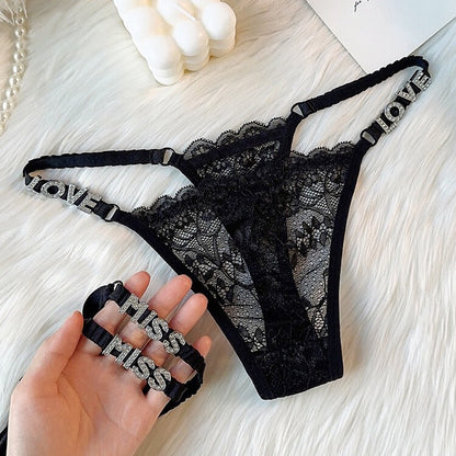 LOVE Rhinestone Letters T-back Lace Underwear