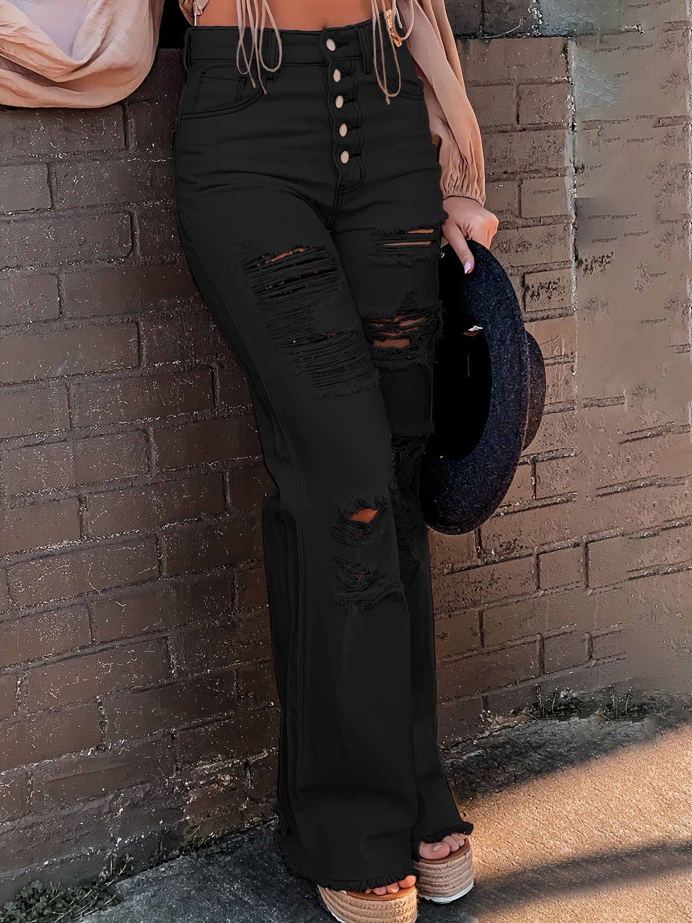 Women's Sexy Ripped Flare Jeans with Single Breasted Button Closure