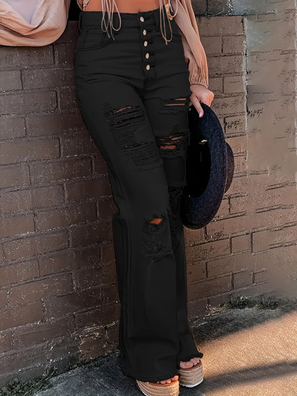 Women's Sexy Ripped Flare Jeans with Single Breasted Button Closure
