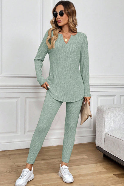 2pcs Grass Green Ribbed Notched Neck Knit Long Sleeve Leggings Lounge Set