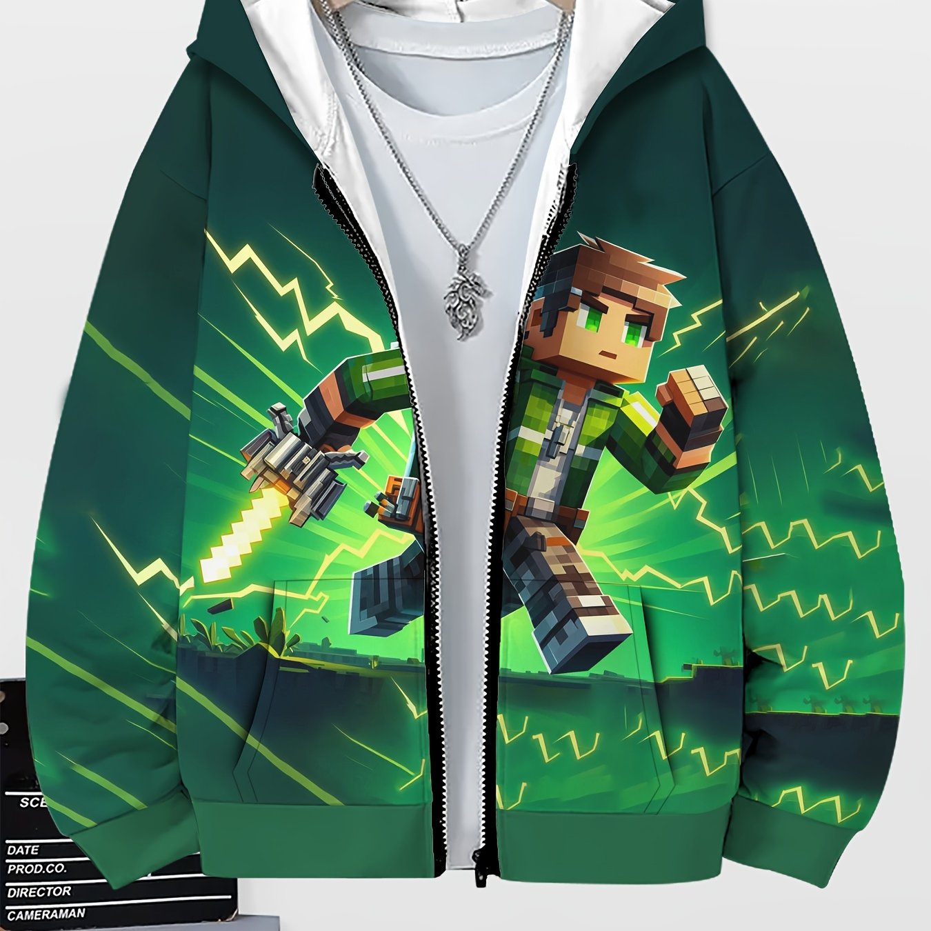 Boys' Casual Hooded Sports Suit with Geometric Block Sandbox Game Character Print - Regular Fit with Pockets
