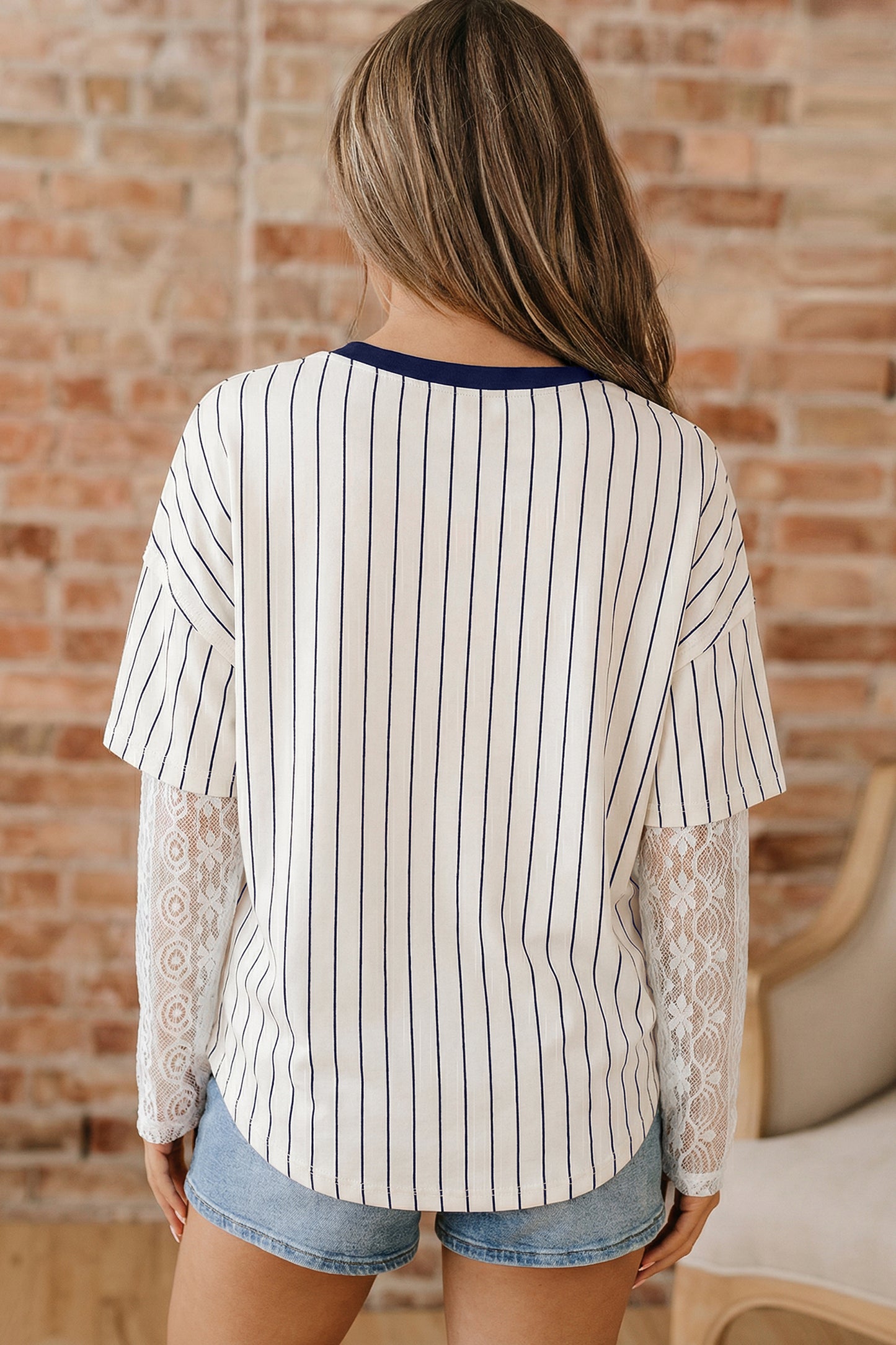 Blue Stripe 88 LOS ANGELES Graphic Lace Patchwork Faux Two Piece V Neck Top