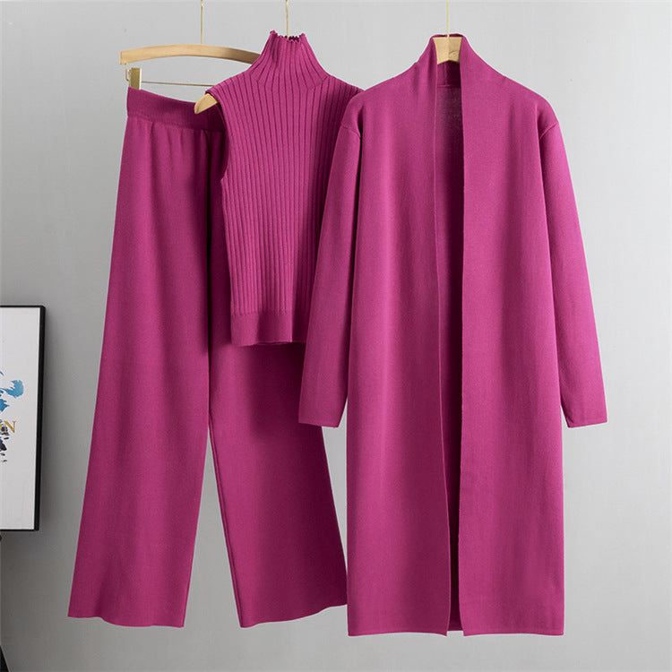 3pcs Women's Sleeveless Vest Sweater Long Cardigan And Wide-leg Pants Set