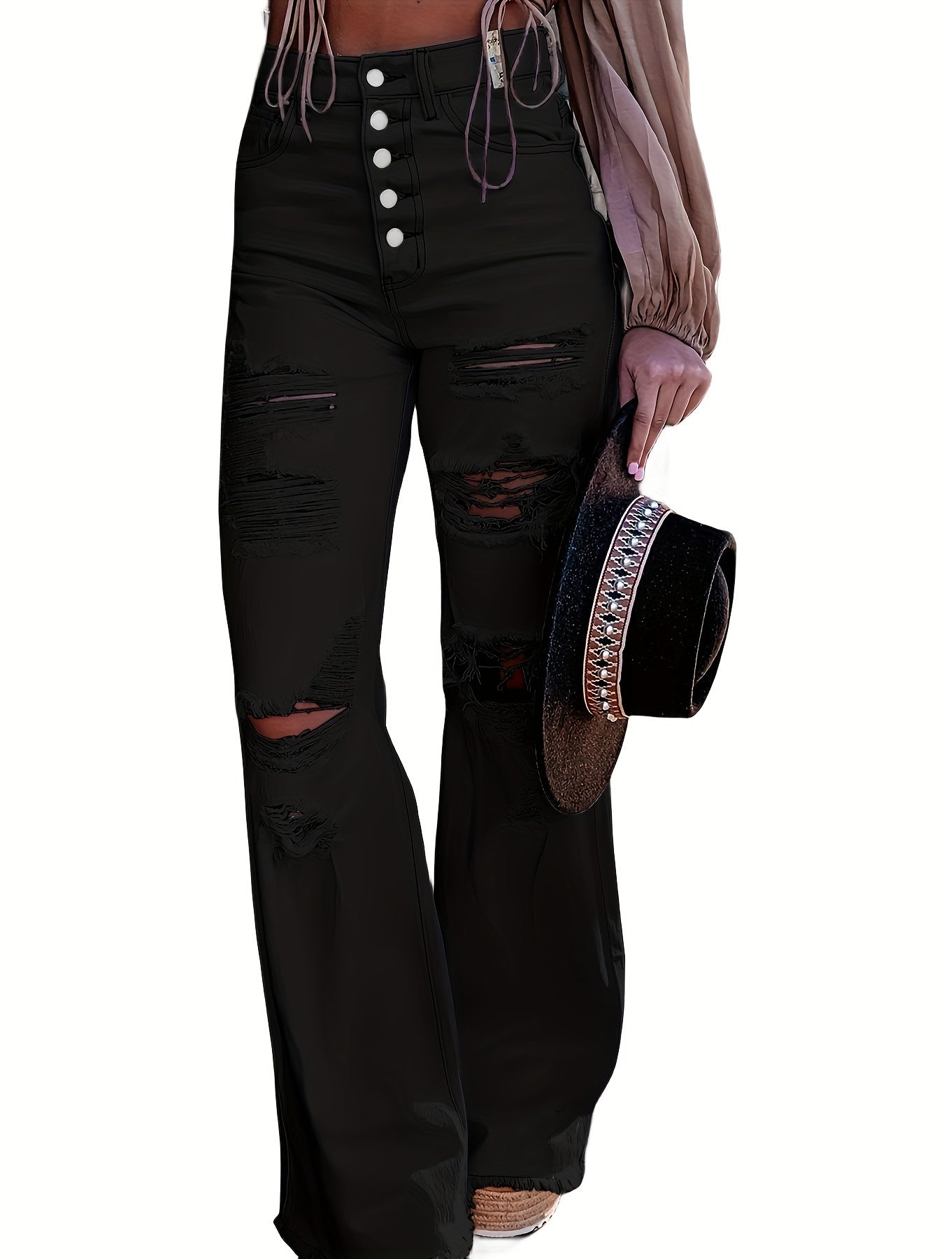 Women's Sexy Ripped Flare Jeans with Single Breasted Button Closure
