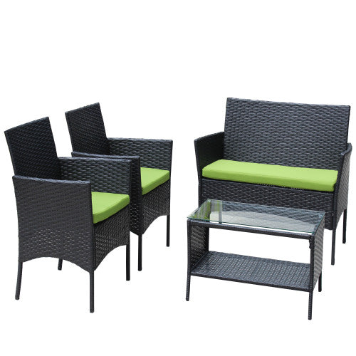 4 PCS Rattan Green Cushion Outdoor Patio Furniture Set