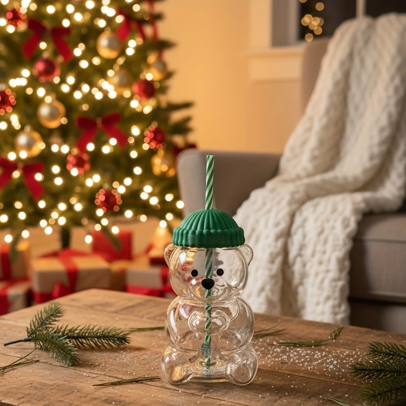 20 oz Cute Bear Glass Cup with Straw