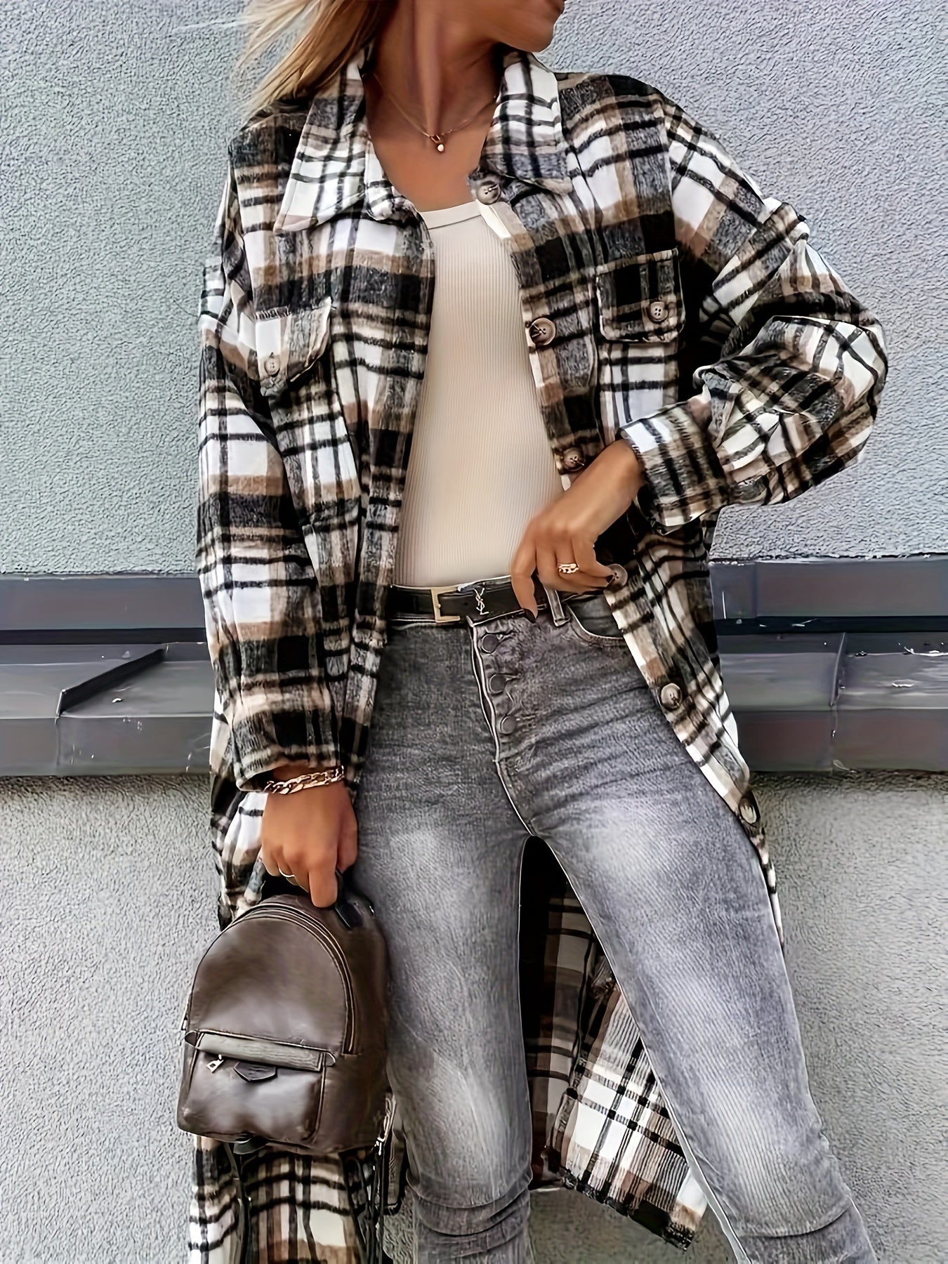 Stylish Plaid Print Womens Long Jacket - Relaxed Casual Button Front with Flap PocketsSl