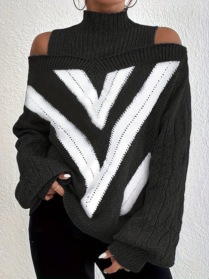 Plus Size Off-Shoulder High Neck Cable Sweater