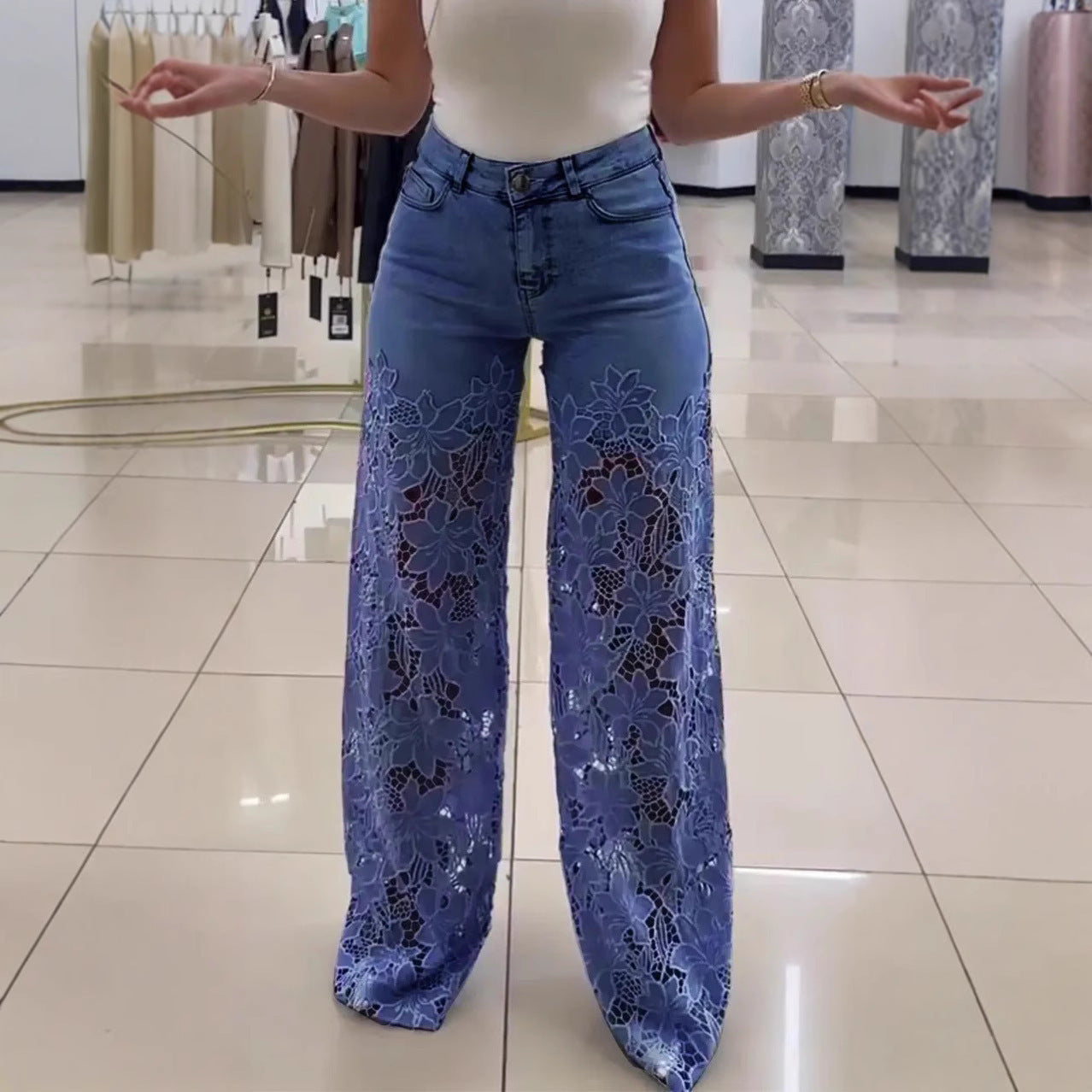 Y2K Lace High Waist Flowers Hollow Jeans