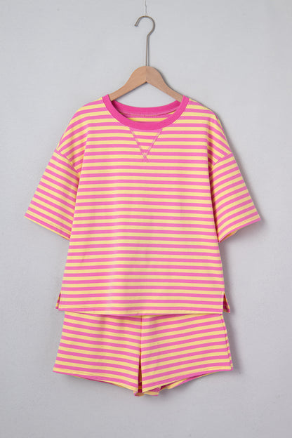 Rose Stripe Drop Shoulder Boxy Casual Terry Short Set
