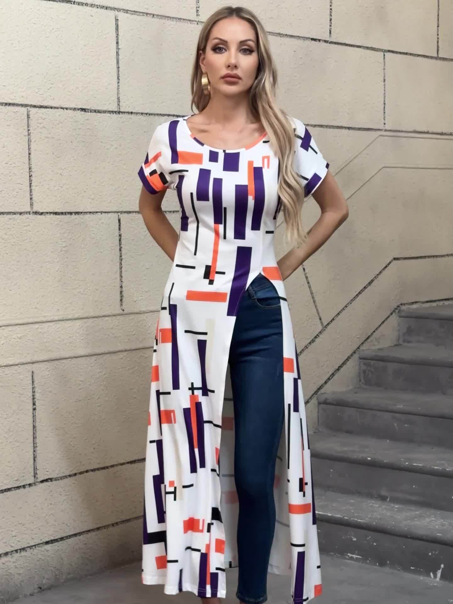 Women's Casual Patchwork Print Maxi Dress with Side Slit