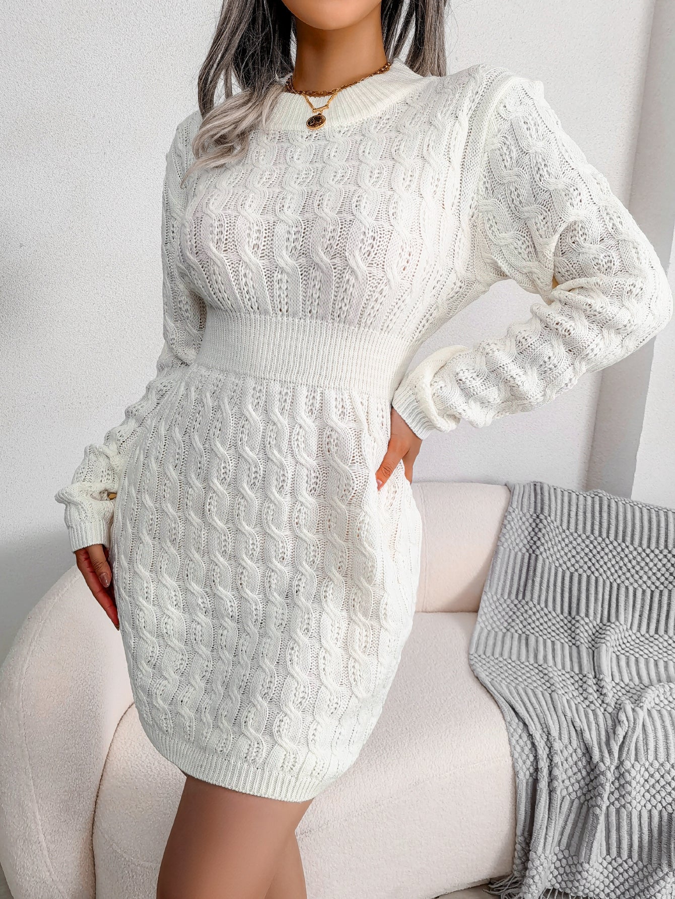 Casual Knit Waist Cinched Bodycon Sweater Dress