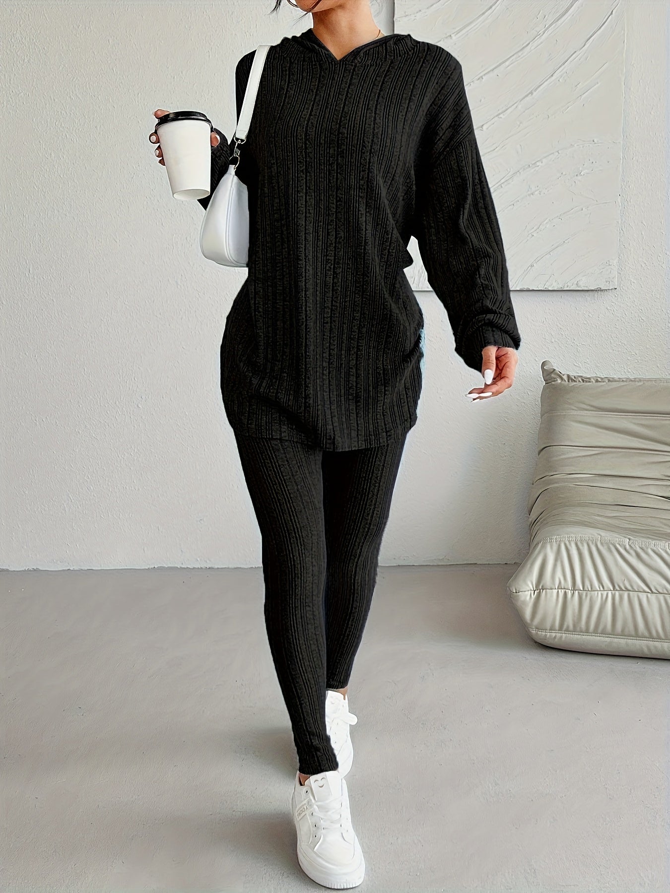 Elegant And Fashionable Lake Blue Women's Hooded Top And Long Pants Set