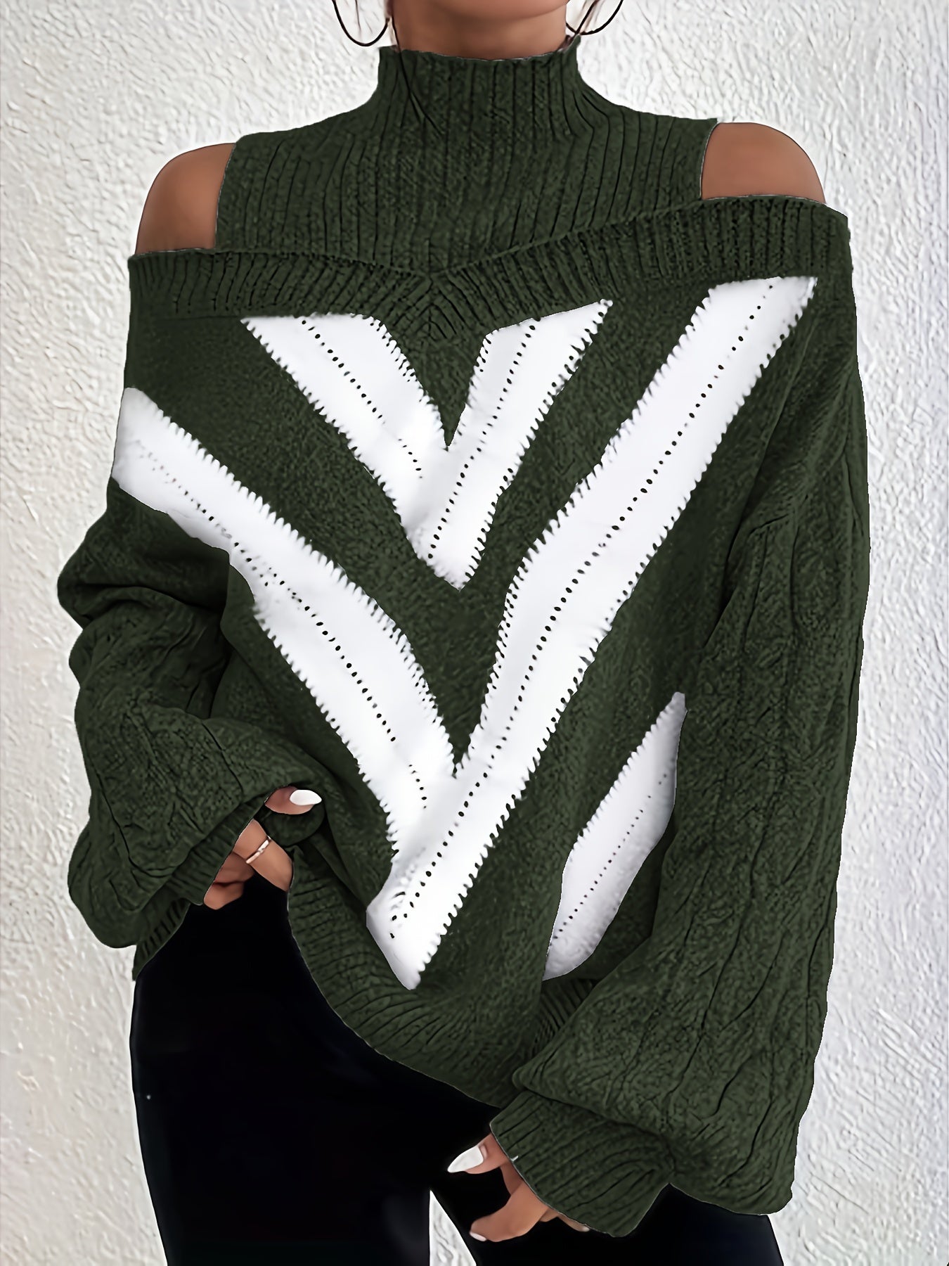 Plus Size Off-Shoulder High Neck Cable Sweater