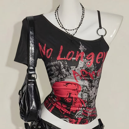 Y2K-Inspired Off-Shoulder Bold Dragon Print, Red & Black Shirt