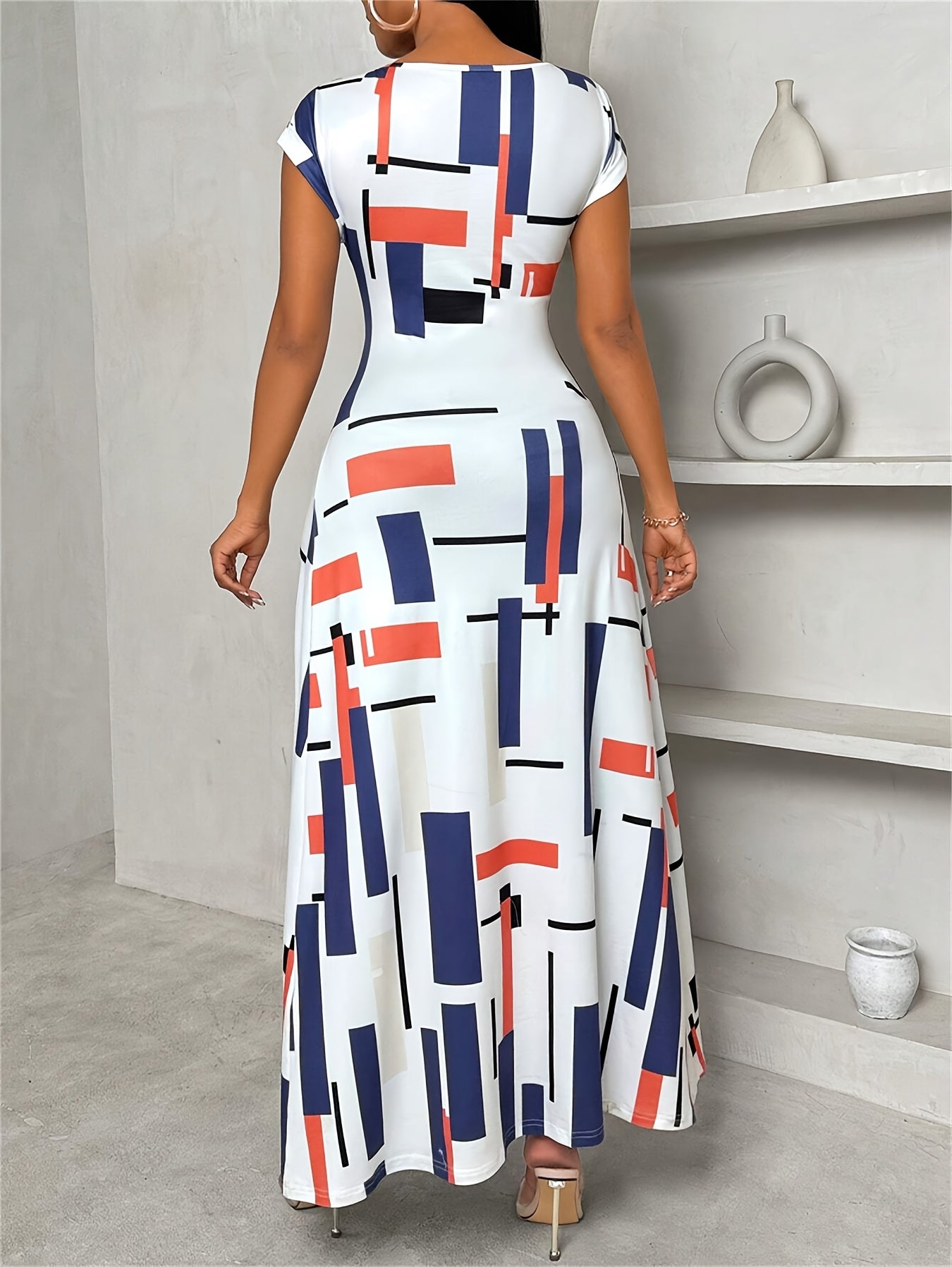 Women's Casual Patchwork Print Maxi Dress with Side Slit
