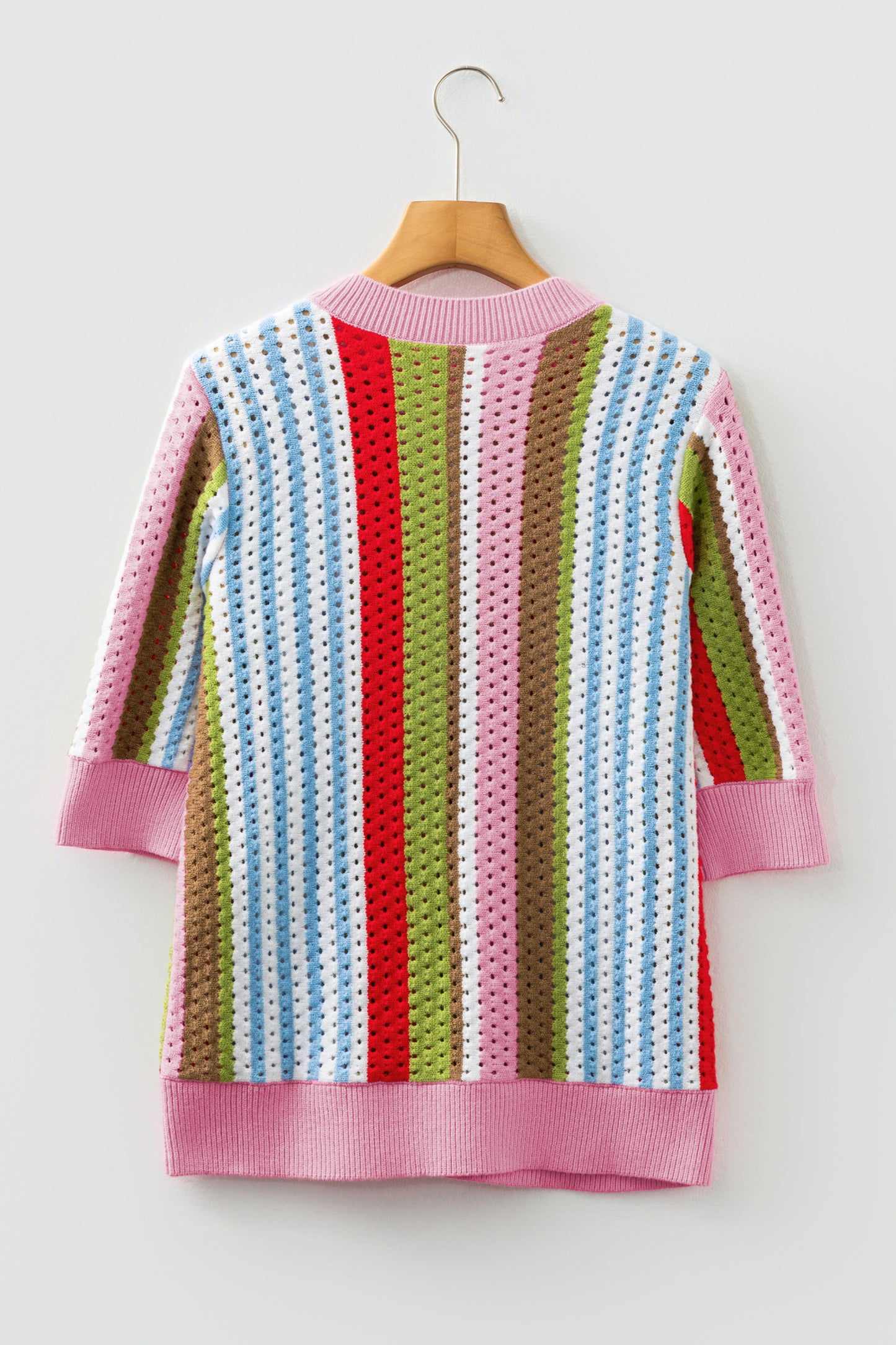 Multicolor Striped Pointelle Knit Short Sleeve Sweater