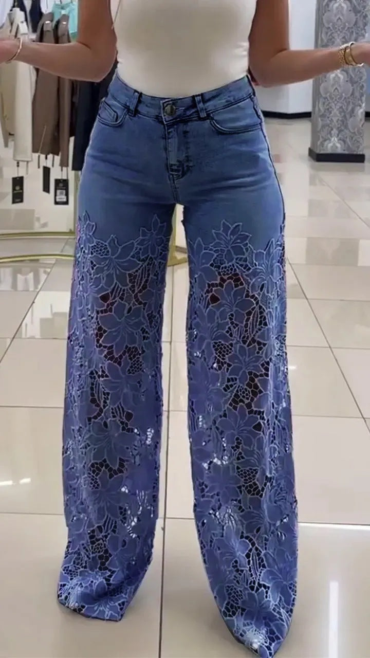 Y2K Lace High Waist Flowers Hollow Jeans