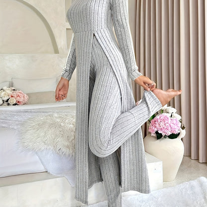 Ribbed Two-Piece  Long-Sleeved Top and Pants Set