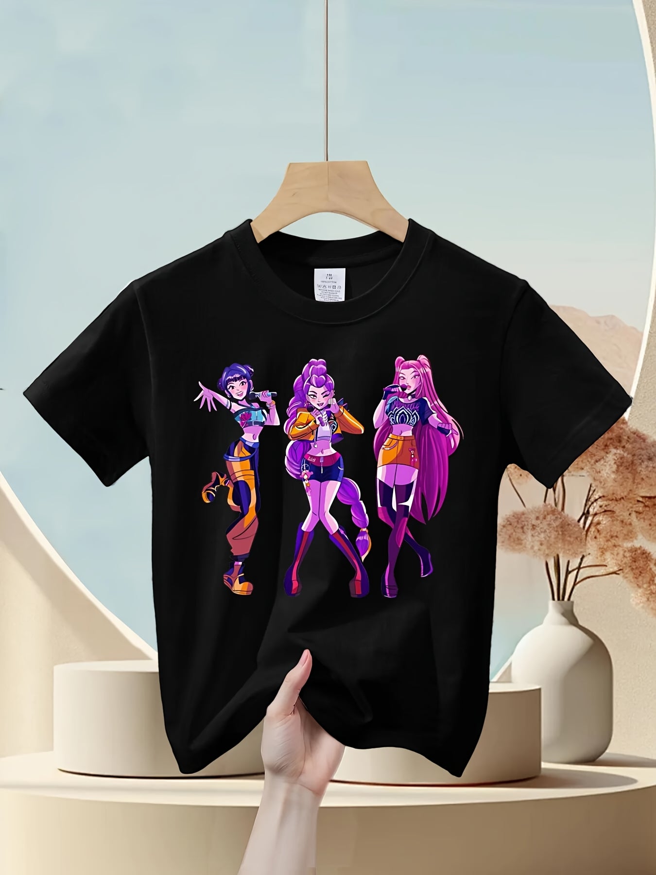 Girls' Kpop Graphic T-Shirt - Black Tee with Purple & Pink Characters
