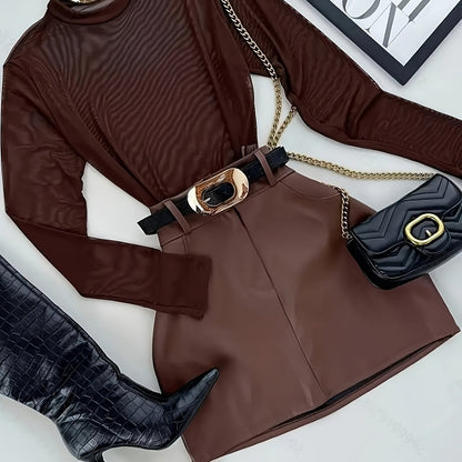 Elegant And Versatile Semi-Sheer Mesh Long-Sleeve Top and Fitted Short Skirt Set